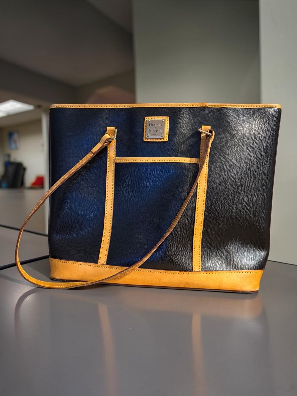 Dooney & Bourke Black with Tan Trim Leather Shoulder Bag